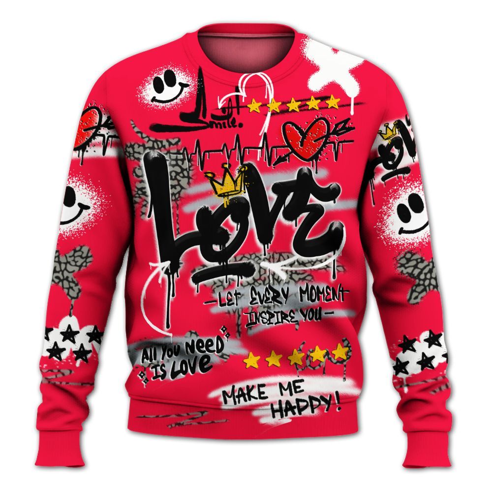 Sweatshirt To Match Retro Fire Red 3s - Happy Love Beats Graffiti Streetwear All Over Print