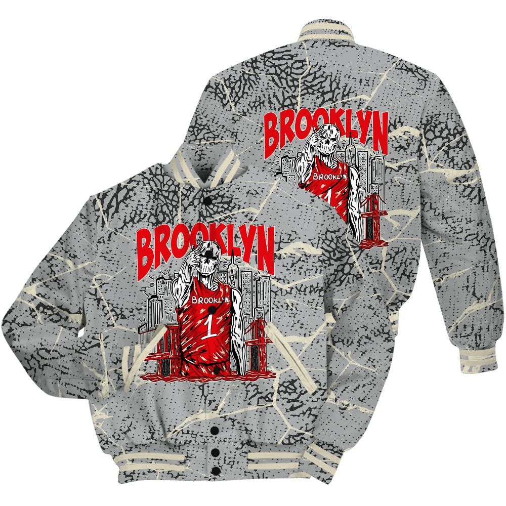 Varsity Jacket To Match Cement Grey 3s Shirt - Brooklyn's Skeleton Crack All Over Print