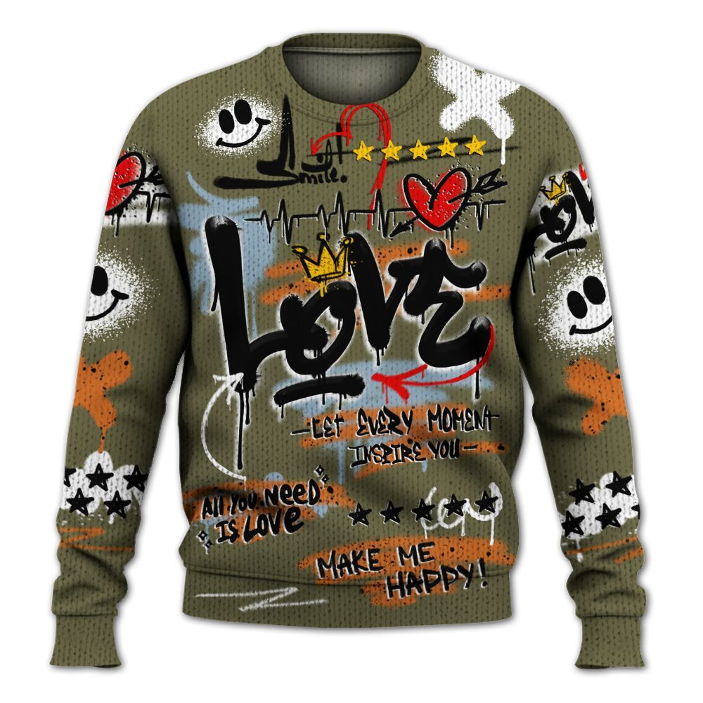 Knitted Sweater To Match Olive 5s - Happy Love Beats Graffiti Streetwear