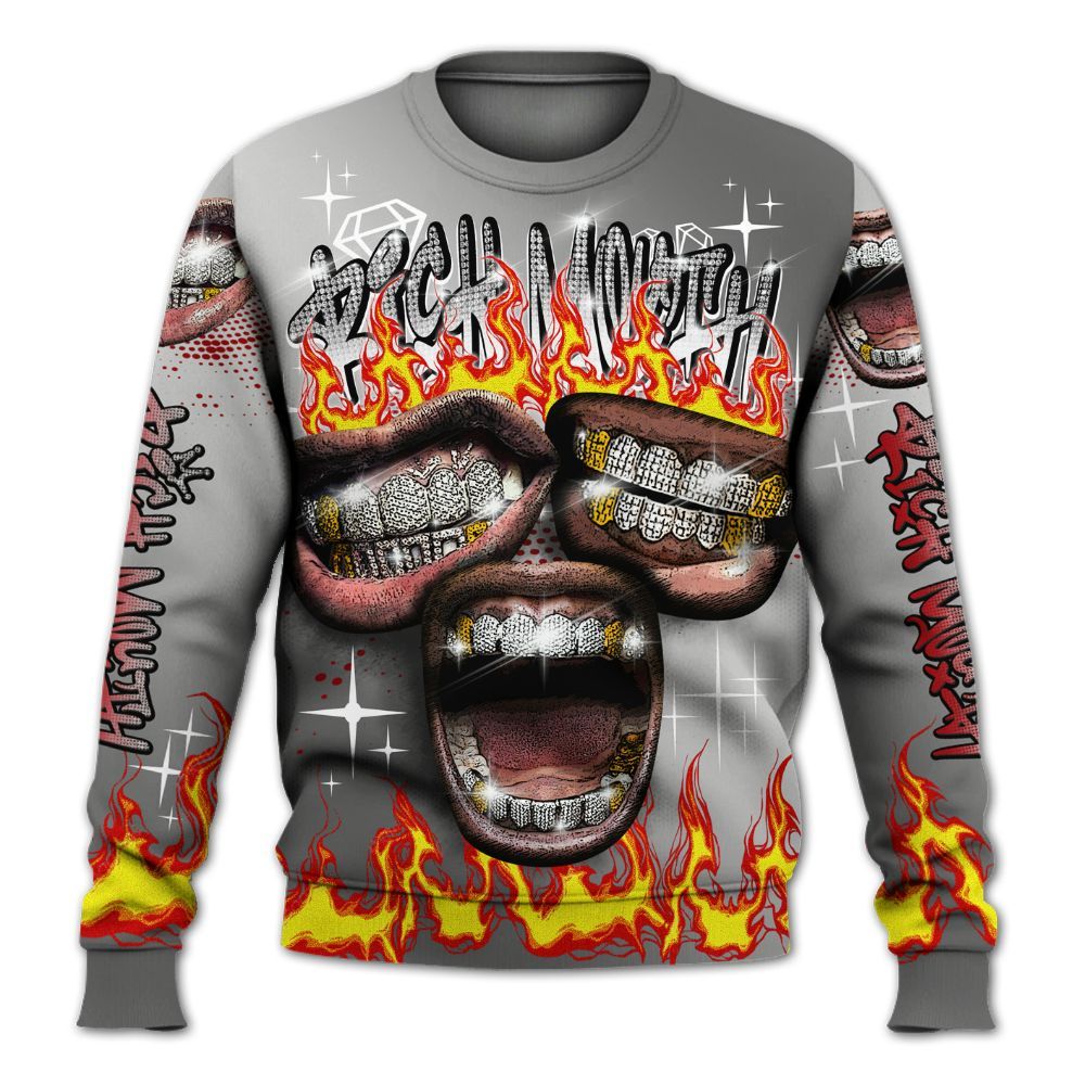 Sweatshirt To Match Metallic Silver 14s - Rich Mouth Fire Rap Retro 90s All Over Print
