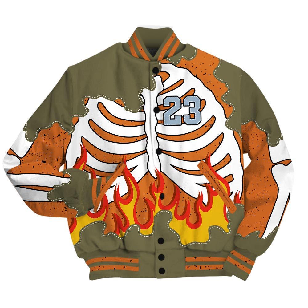 Varsity Jacket To Match Olive 5s - Number 23 Skeleton Flame Baseball Varsity Jacket