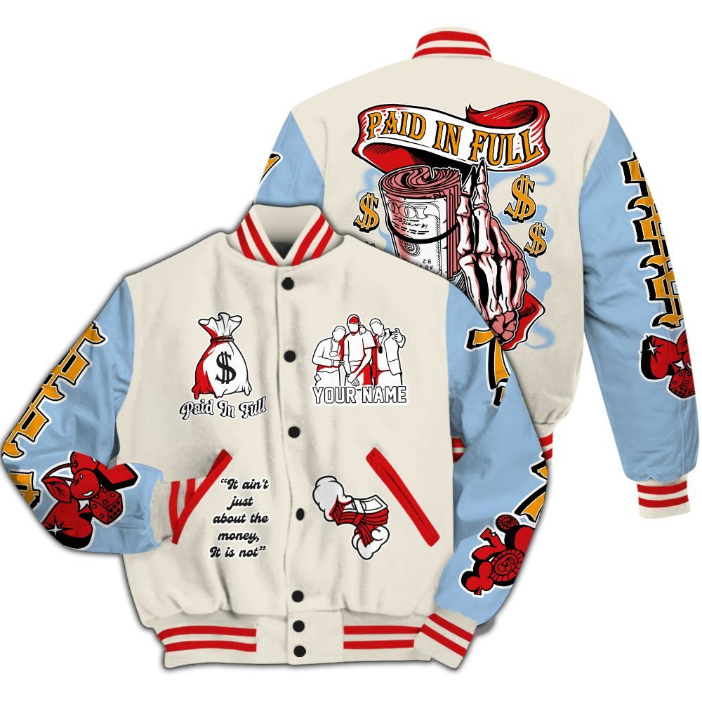 Varsity Jacket To Match Retro High OG Pale Ivory Psychic Blue 1s - Paid In Full Baseball Varsity Jacket Custom Name All Over Print