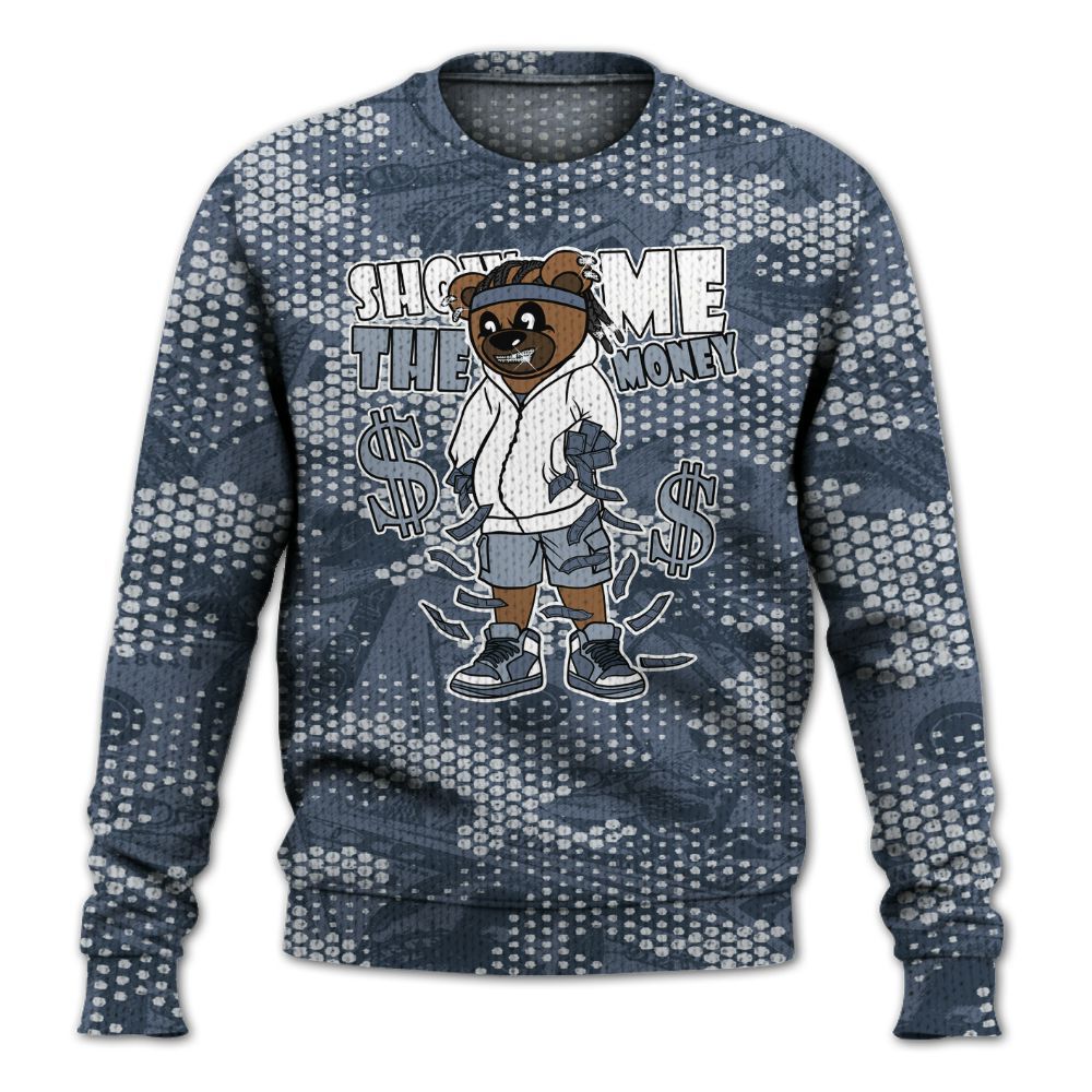 Knitted Sweater To Match Low Diffused Blue 11s - Show Me Bear Banknotes Art