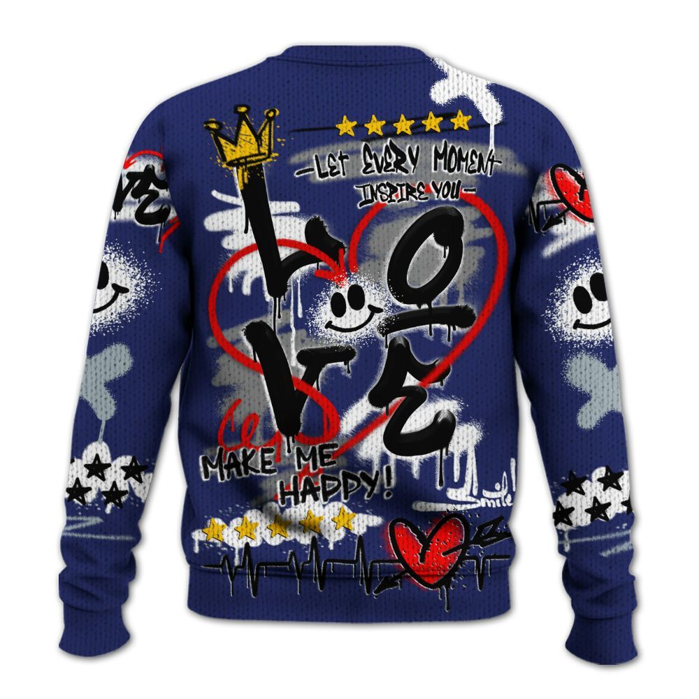 Knitted Sweater To Match Midnight Navy 11s - Happy Love Beats Graffiti Streetwear