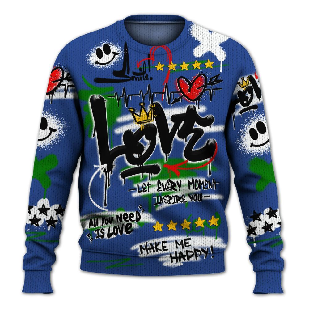 Knitted Sweater To Match Retro Hyper Royal 13s - Happy Love Beats Graffiti Streetwear