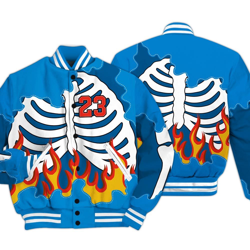 Varsity Jacket To Match Industrial Blue 4s - Number 23 Skeleton Flame Varsity Jacket Military Blue 4s Outfit