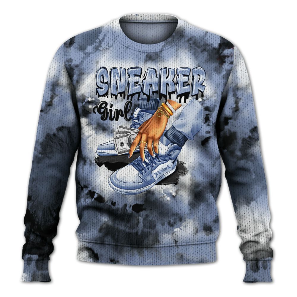Knitted Sweater To Match Retro Blue Grey 13s - SNEAKER Girl Money Drip Tie Dye