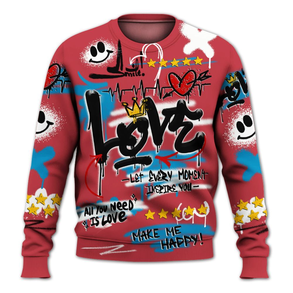 Sweatshirt To Match High OG University Red Dark Powder Blue 1s - Happy Love Beats Graffiti Streetwear All Over Print