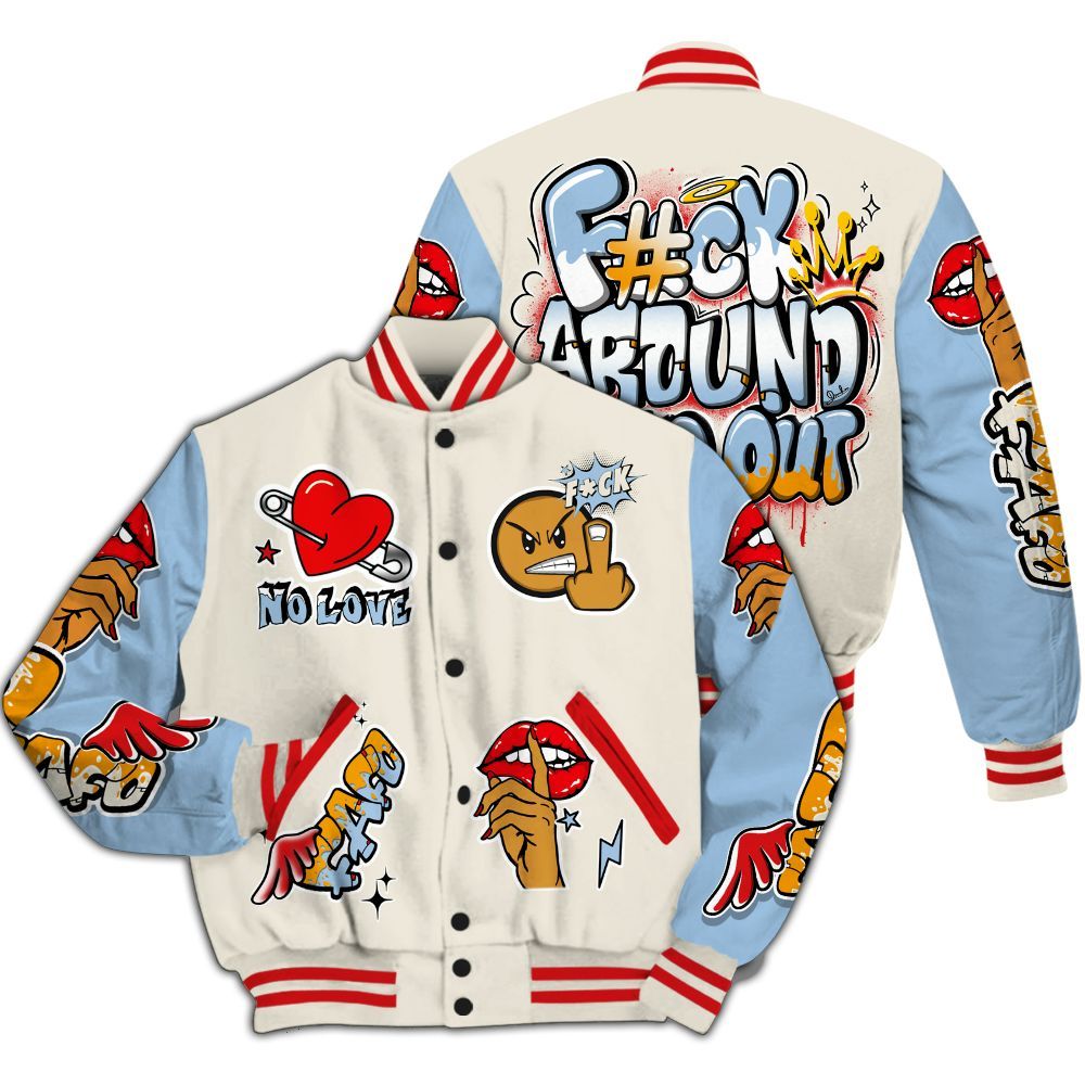 Varsity Jacket To Match Retro High OG Pale Ivory Psychic Blue 1s - FK Around Find Out All Over Print