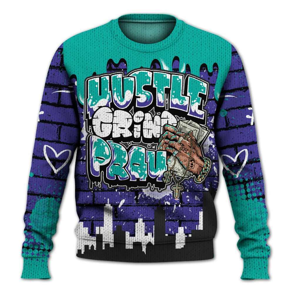 Sweater To Match Retro Grape 5s - Hustles Grind Pray Drip Graphic