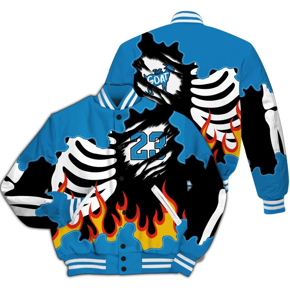 Varsity Jacket To Match Retro University Blue 9s - Burning Skeleton 23 G.O.A.T All Over Print