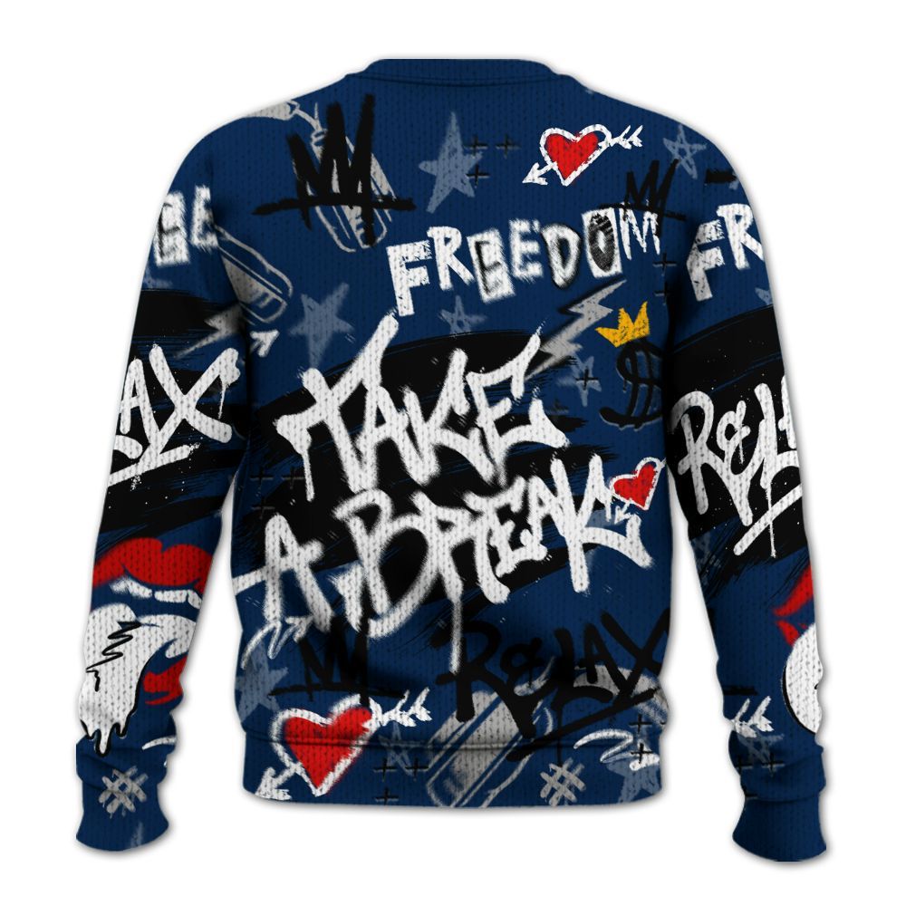 Knitted Sweater To Match SB White Navy 4s - Take Break Freedom Graffiti Streetwear