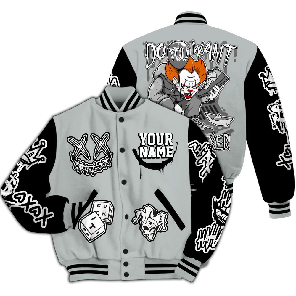 Varsity Jacket To Match Black Wolf Grey 12s - Clown Scary Sneakers Graphic Custom Name All Over Print