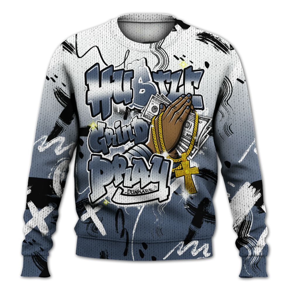 Knitted Sweater To Match Low Diffused Blue 11s - Money Hustle Grind Pray