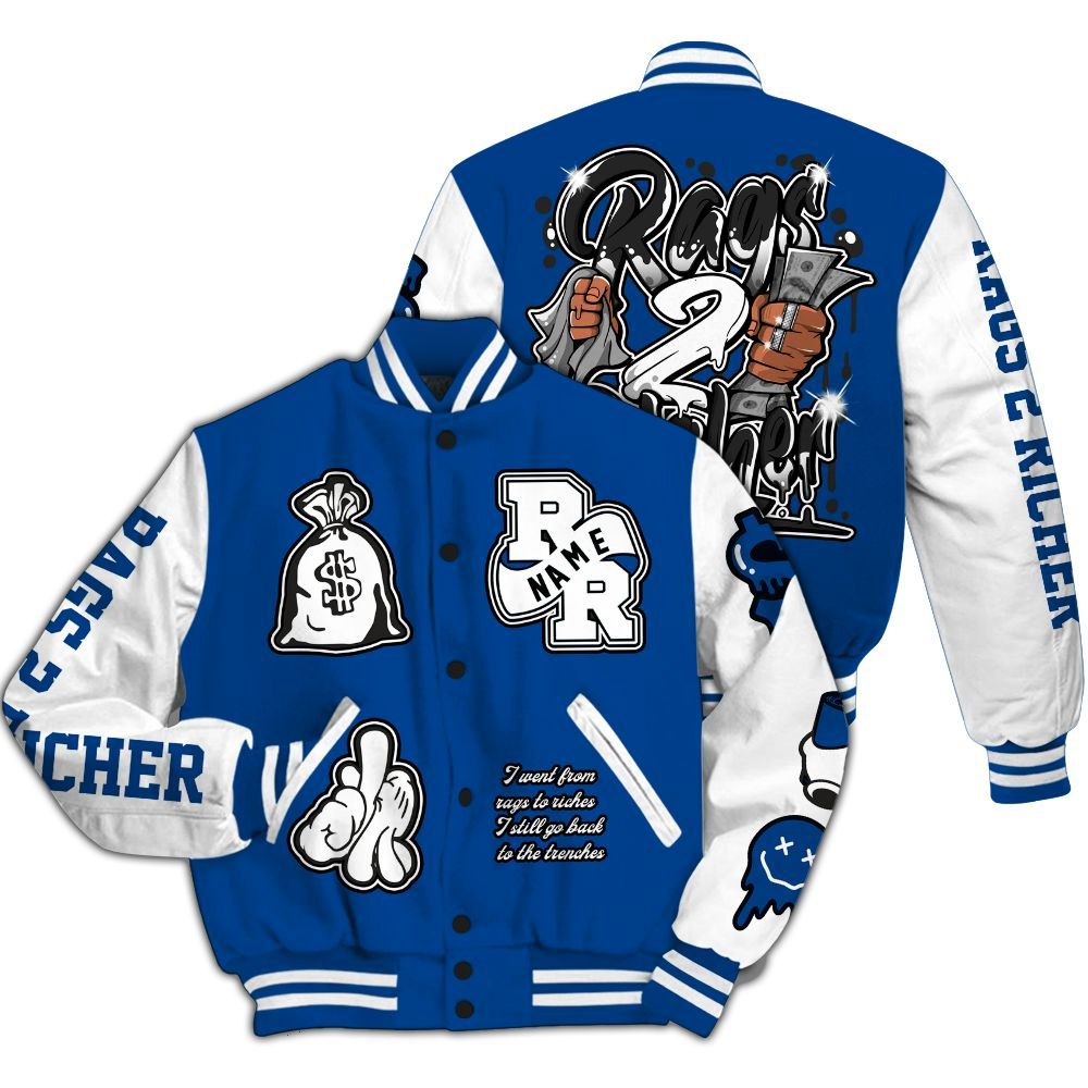 Varsity Jacket To Match Low 85 Royal 1s - Rag 2 Rich Graphic Custom Name All Over Print