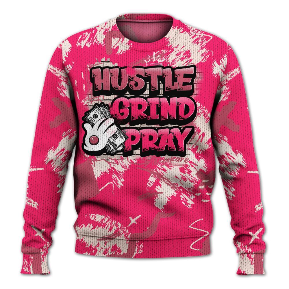 Sweater To Match A'One Hyper Pink Shirt, Hustle Grind Pray Retro Graphic