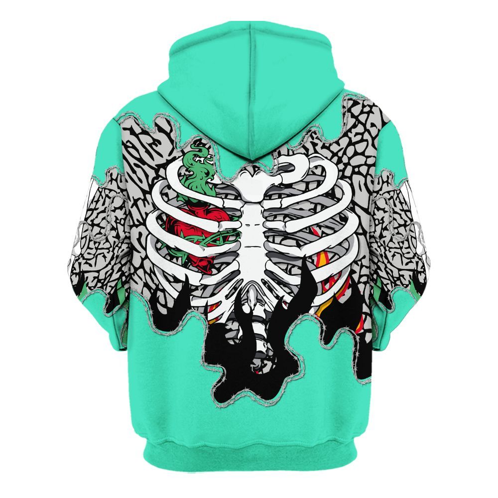 Hoodie To Match Black Green Glow 3s - Skeleton Heart On Fire Green Glow 3s All Over Print