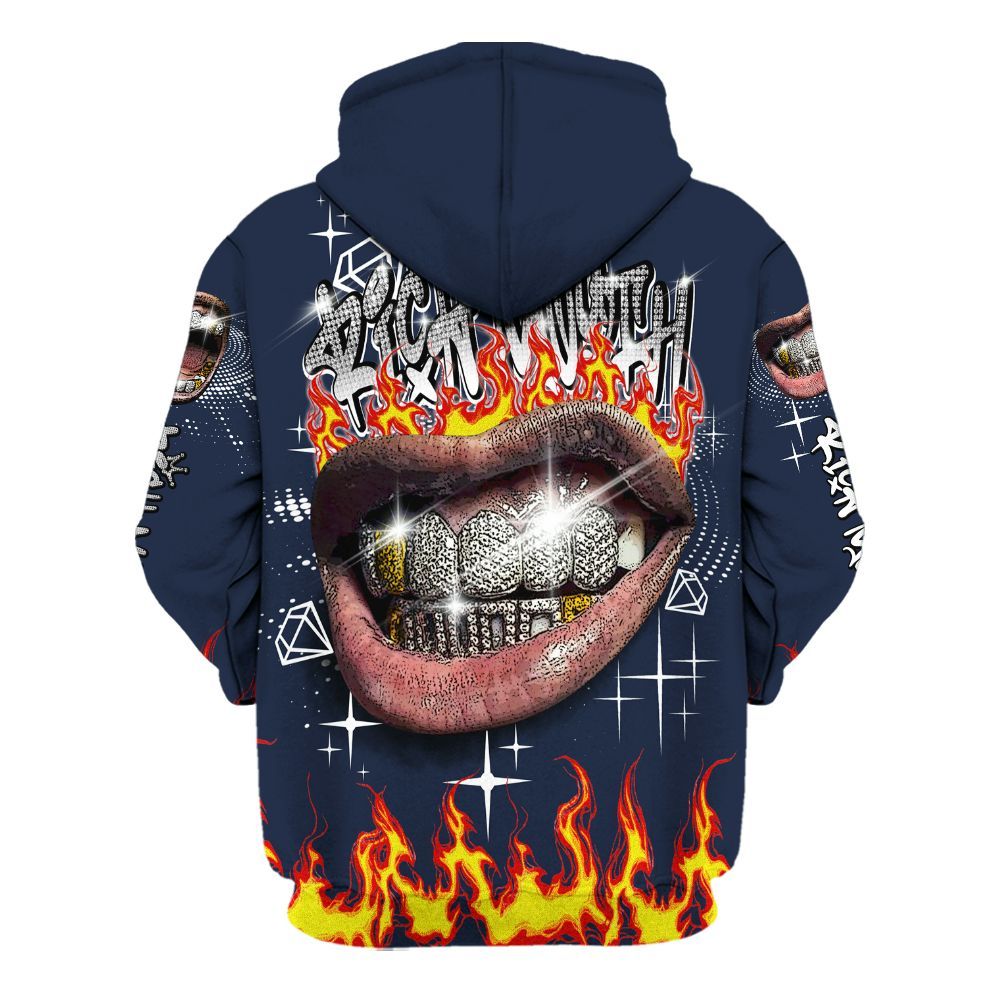 Hoodie To Match Dunk Low White Midnight Navy - Rich Mouth Fire Rap Retro 90s All Over Print