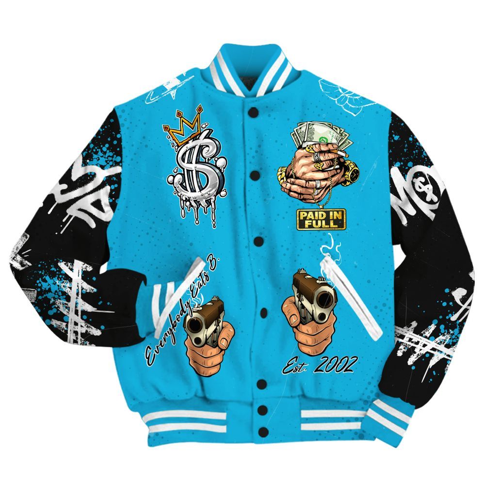 Varsity Jacket To Match Black University Blue 2026 14s - Everybody Paid In Full Crayon All Over Print