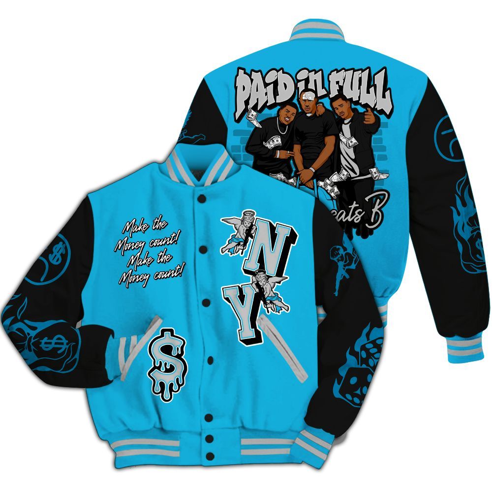 Varsity Jacket To Match Black University Blue 2026 14s - Paid In Full Money Graphic Varsity Jacket All Over Print