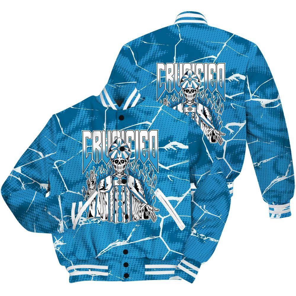 Varsity Jacket To Match Powder Blue 9s Shirt - Crucified Skeleton Crack All Over Print