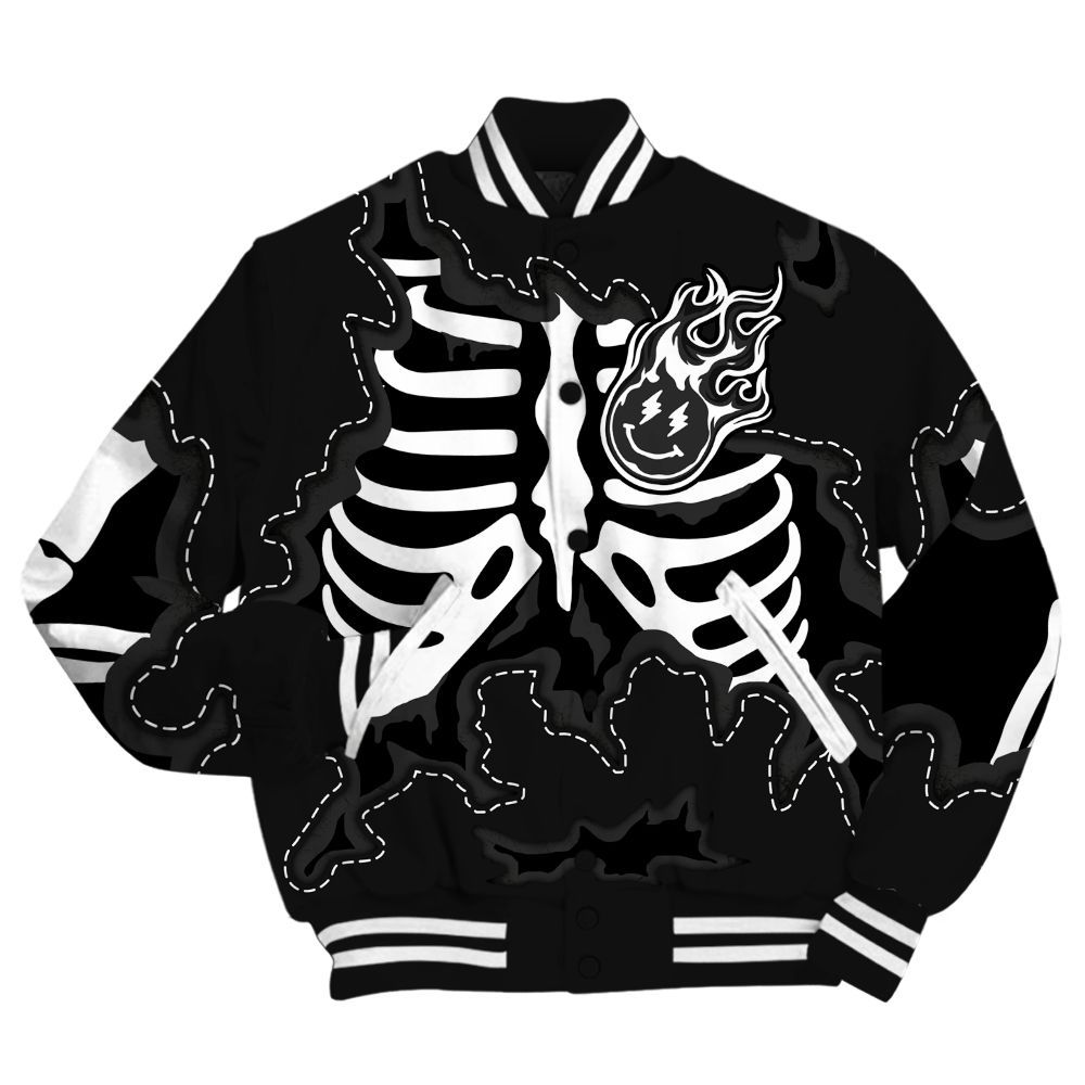 Varsity Jacket To Match White Thunder 4s Shirt, Skeleton Smiley Face All Over Print