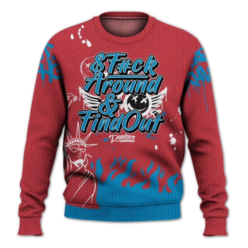 Knitted Sweater To Match High OG University Red Dark Powder Blue 1s - Graphic Fck Around Find Out