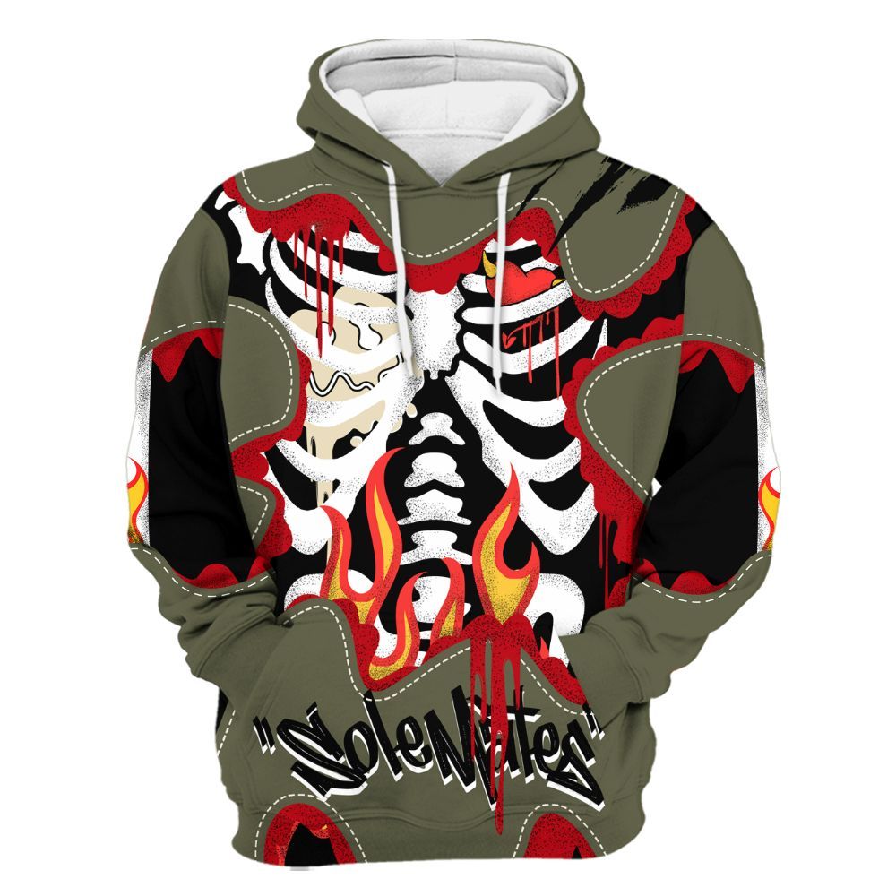 Hoodie To Match Travis Scott Low OG Medium Olive 1s - Skeleton Burning Heart Drip All Over Print