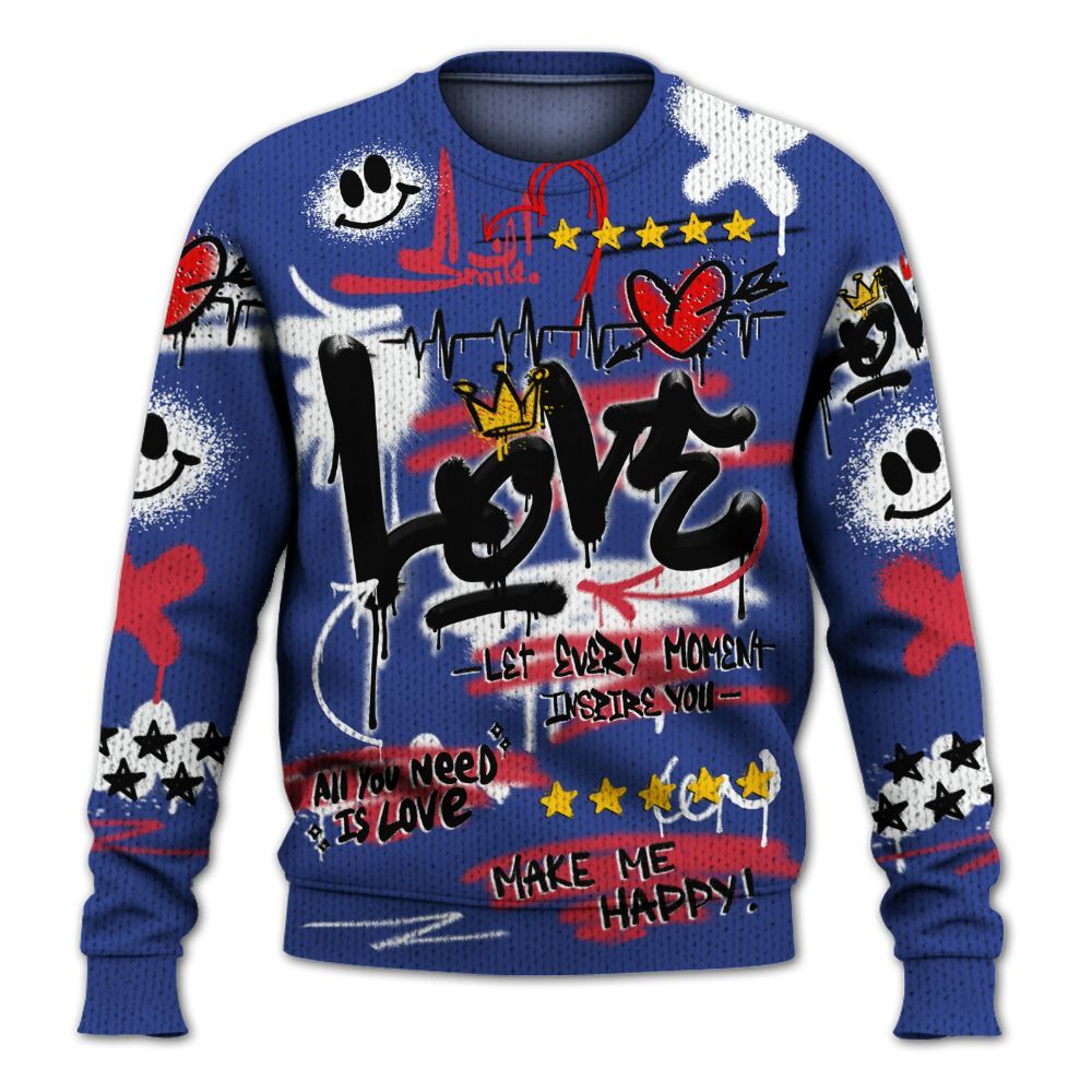 Knitted Sweater To Match Air Griffey Max USA Red White Blue 1s - Happy Love Beats Graffiti Streetwear