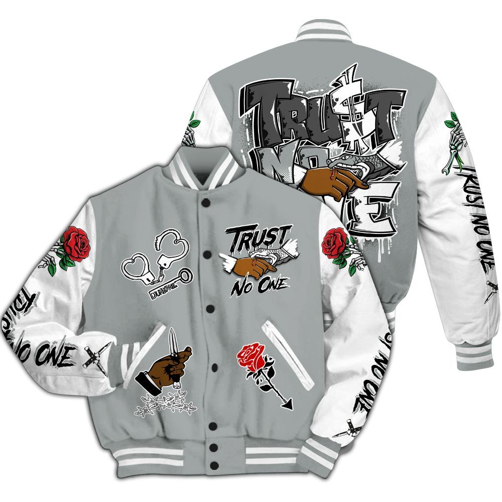 Varsity Jacket To Match Dunk Low White Light Smoke Grey - Trust No One Dripping All Over Print