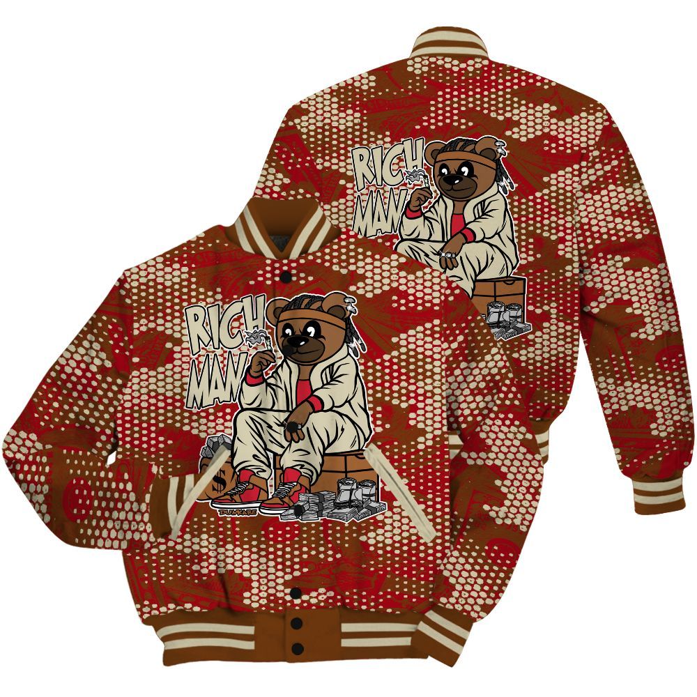 Varsity Jacket To Match Archaeo Brown 5s Shirt - Rich Man Bear Banknotes Art All Over Print