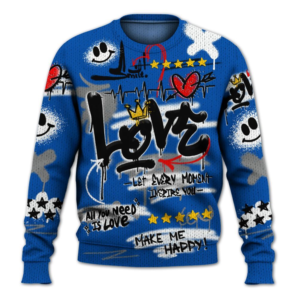 Knitted Sweater To Match Racer Blue 5s - Happy Love Beats Graffiti Streetwear