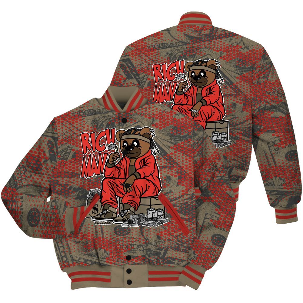 Varsity Jacket To Match Olive 9s Shirt - Rich Man Bear Banknotes Art All Over Print