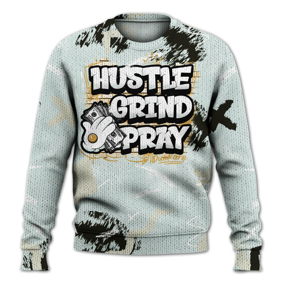 Knitted Sweater To Match Pure Platinum 4s - Hustle Grind Pray Graphic Street Style