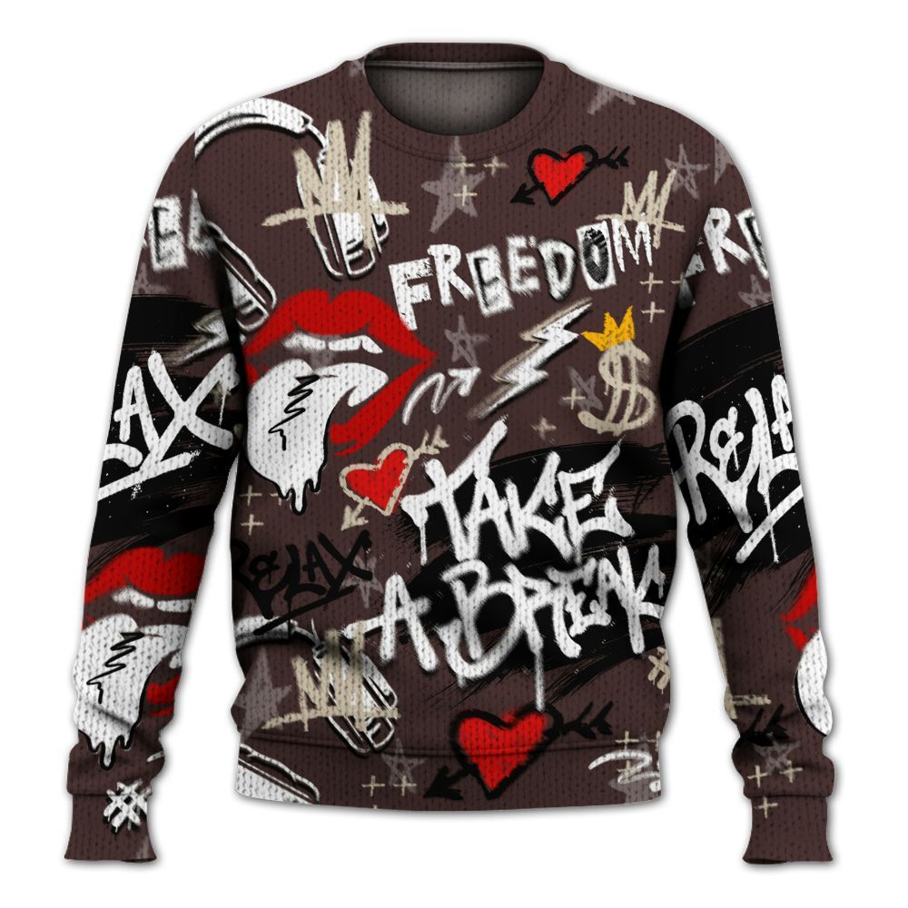 Knitted Sweater To Match Burgundy Crush 3s - Take Break Freedom Graffiti Streetwear