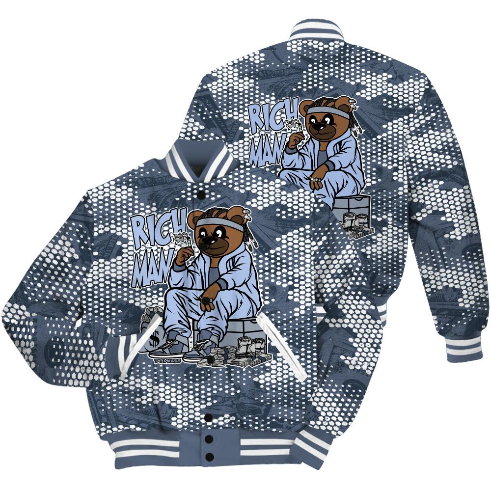Varsity Jacket To Match Low Diffused Blue 11s Shirt - Rich Man Bear Banknotes Art All Over Print