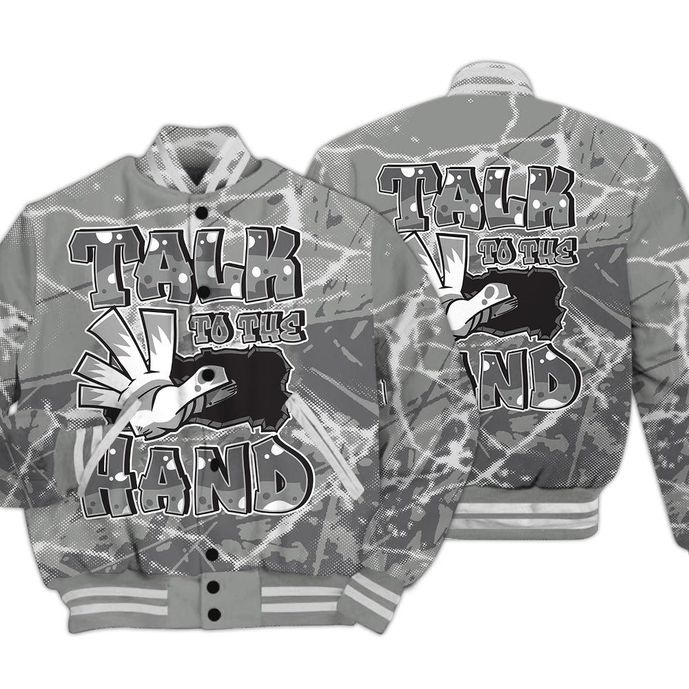 Varsity Jacket To Match Paris Cement Grey 4s - Talk To Hand Profound Graphic Varsity Jacket Unisex