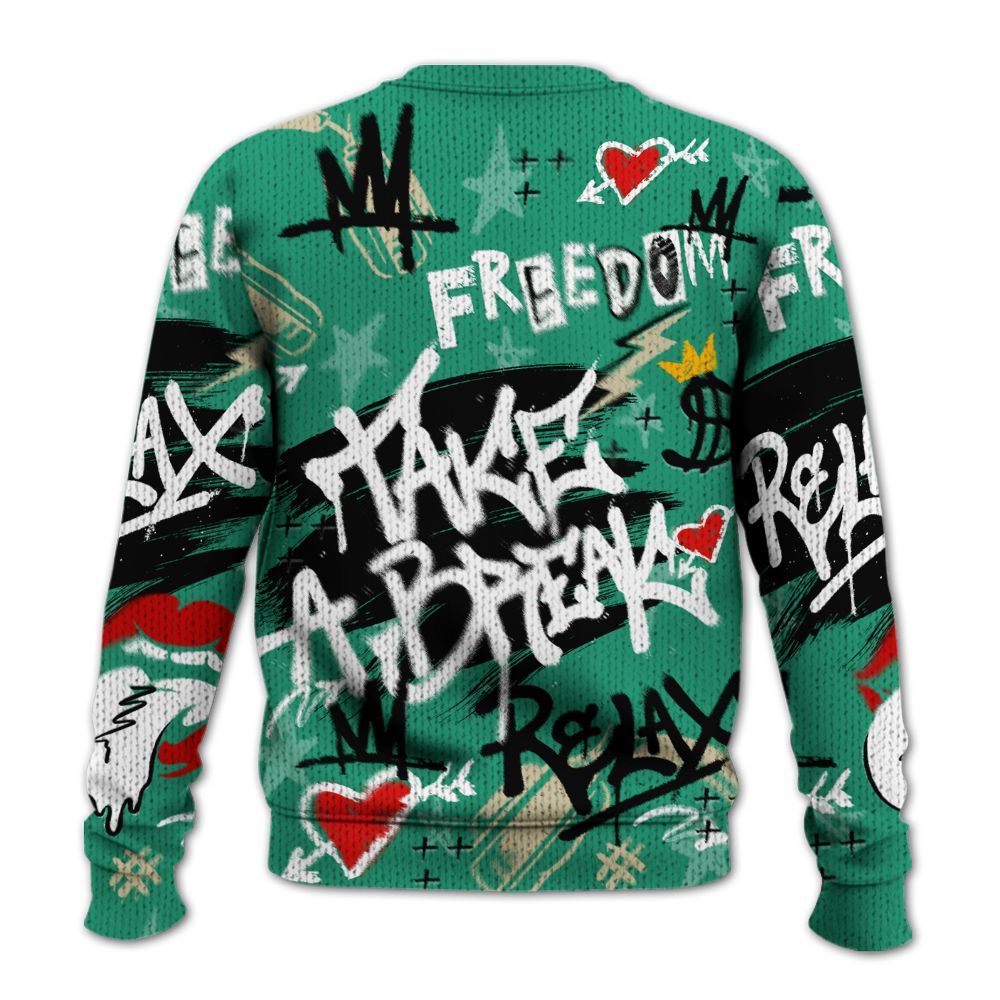 Knitted Sweater To Match Pine Green 4s - Take Break Freedom Graffiti Streetwear