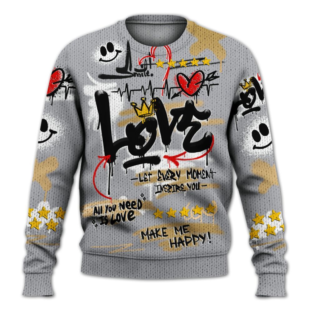 Sweater To Match Retro High OG Cool Grey 1s - Happy Love Beats Graffiti Streetwear Graphic