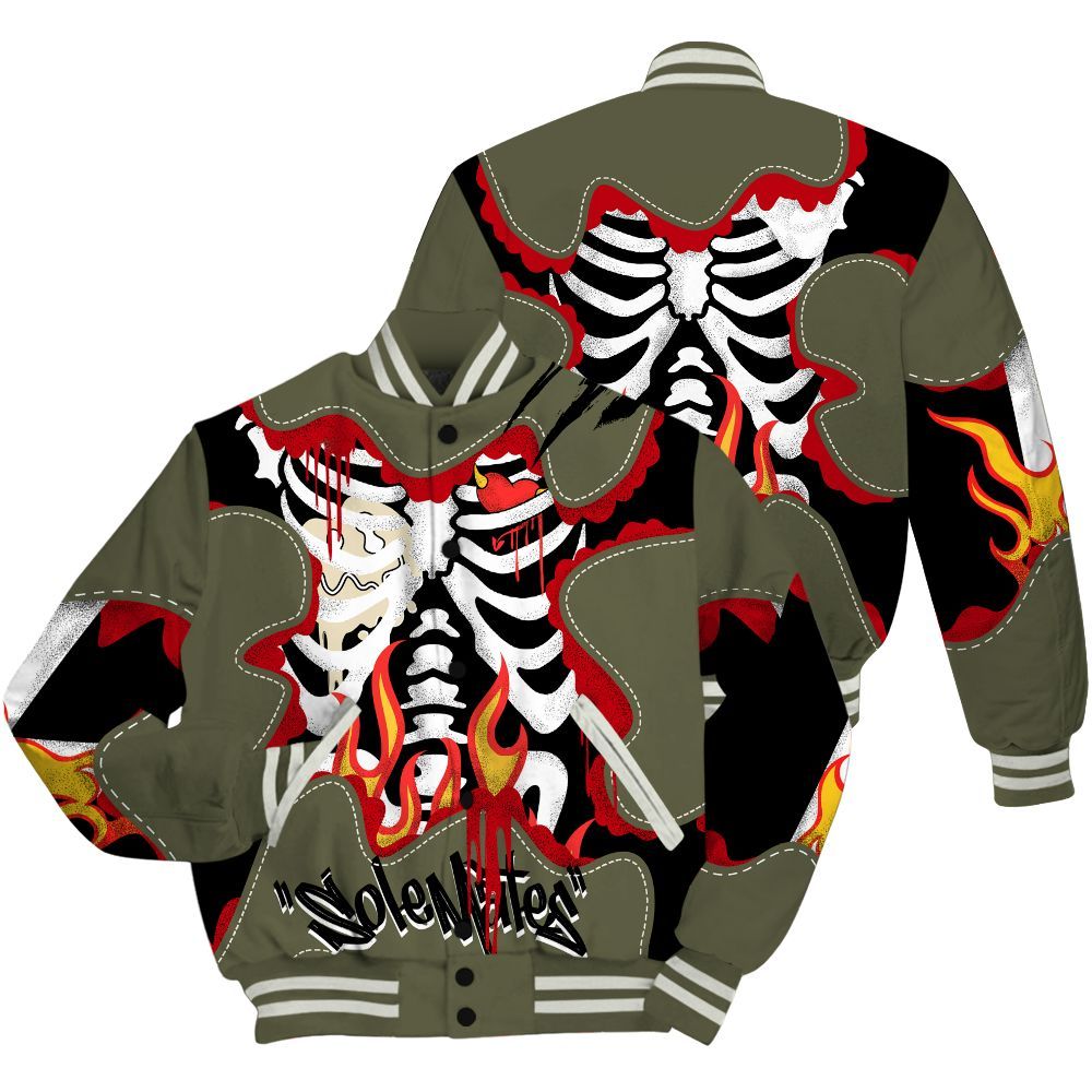 Varsity Jacket To Match Travis Scott Low OG Medium Olive 1s - Skeleton Burning Heart Drip All Over Print