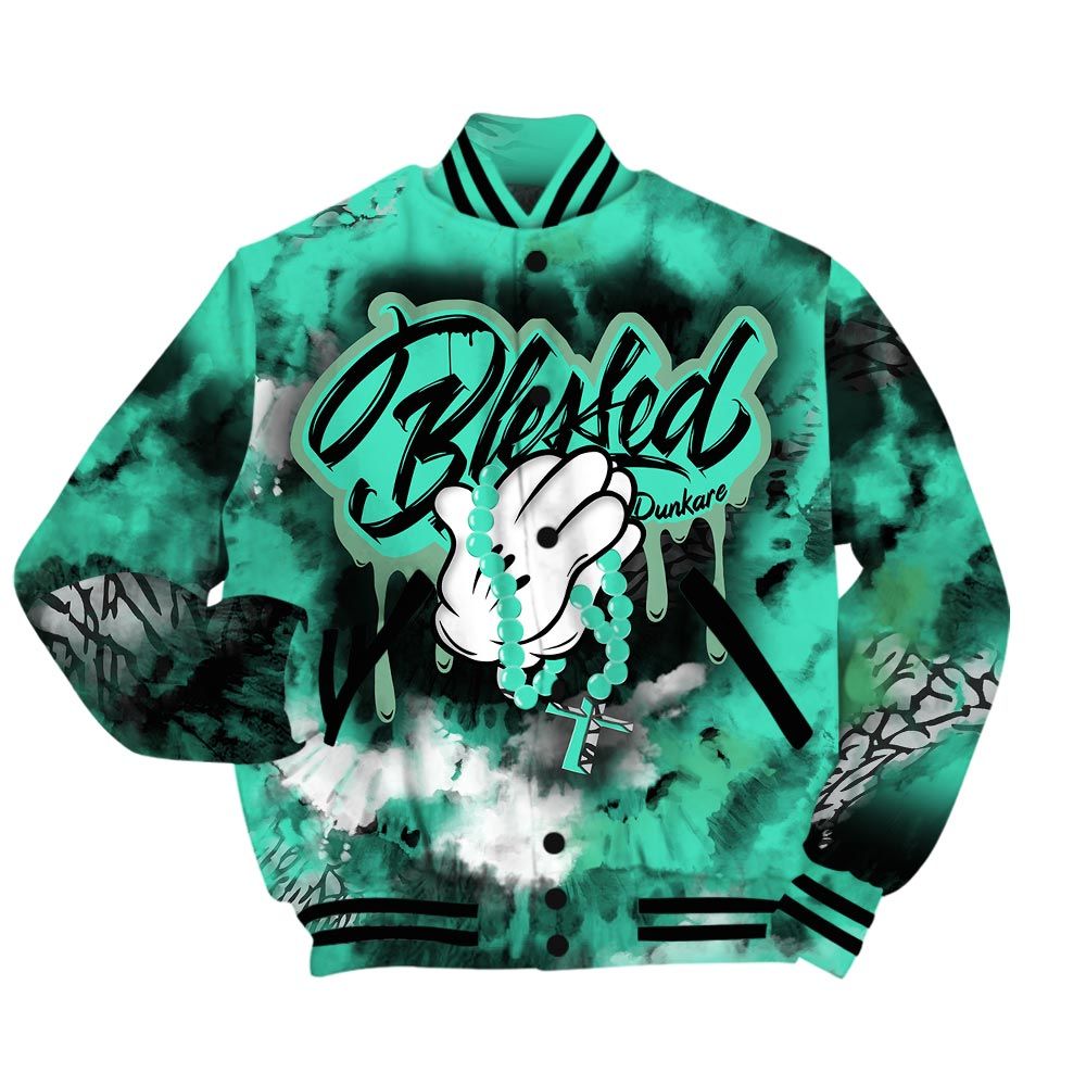 Custom Name Varsity Jacket To Match Varsity Streetwear God Blessed Drip Tie Dye, 3 Green Glow T-Shirt, To Sneaker Black Green Glow 3s Baseball Varsity Jacket 1704 NCT