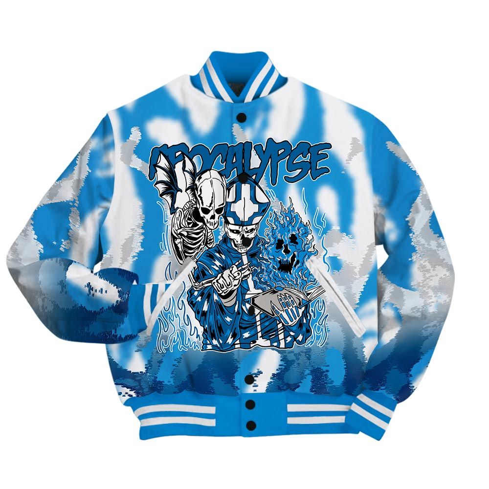 Varsity Jacket To Match Industrial Blue 4s - Apocalypse Skeleton Burn Varsity Jacket Unisex