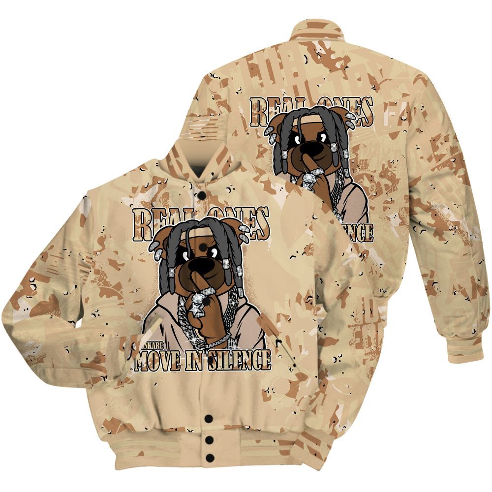 Varsity Jacket To Match Desert Camo 3s Shirt - Silent Achievers Bear Monogram Graffiti All Over Print