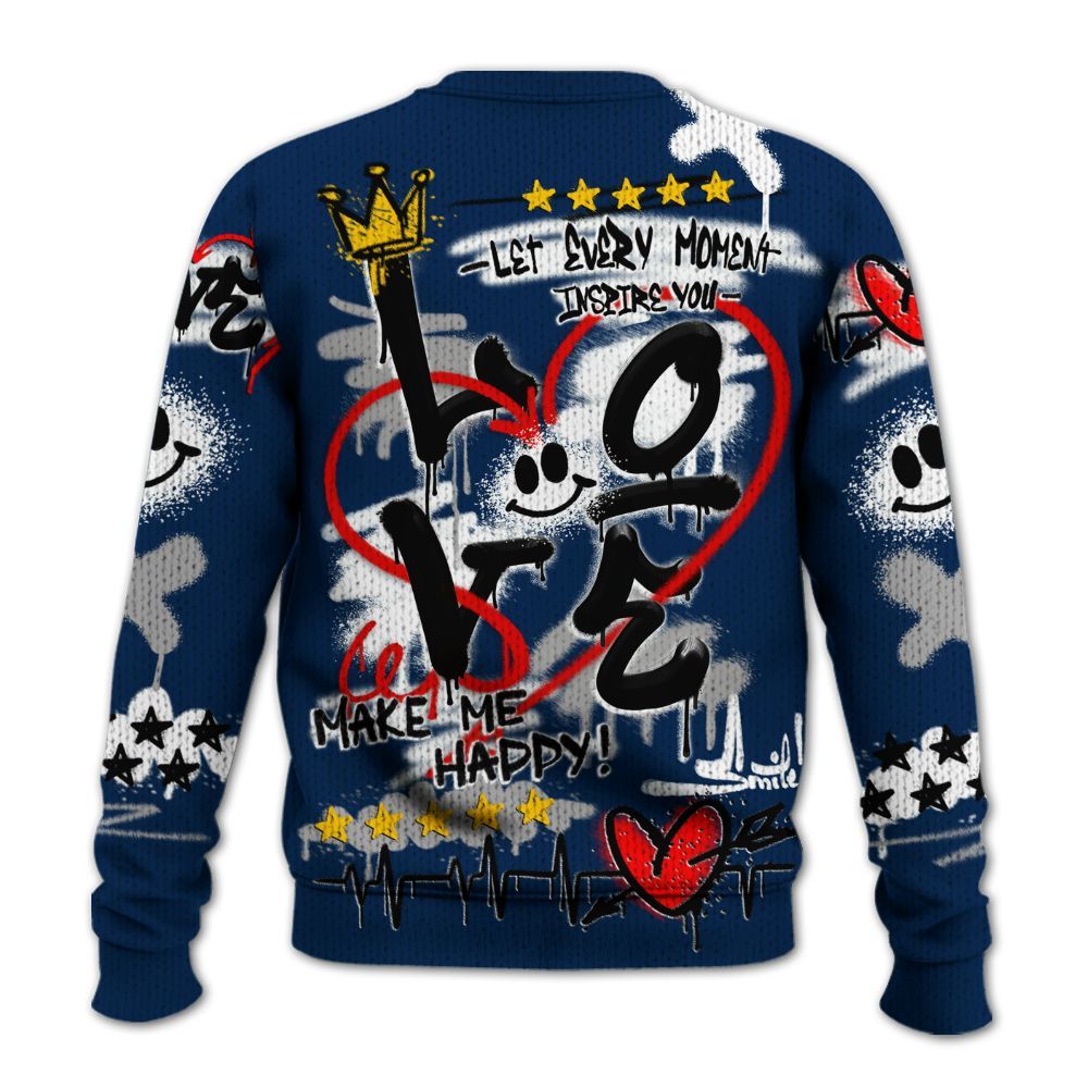 Knitted Sweater To Match SB White Navy 4s - Happy Love Beats Graffiti Streetwear