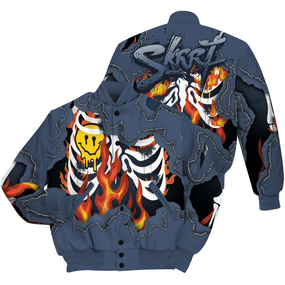 Varsity Jacket To Match Low Diffused Blue 11s Shirt, Skeleton On Fire Skrrt All Over Print