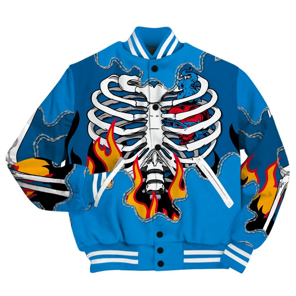 Varsity Jacket To Match Industrial Blue 4s Shirt, Skeleton Heart On Fire Military Blue 4s All Over Print