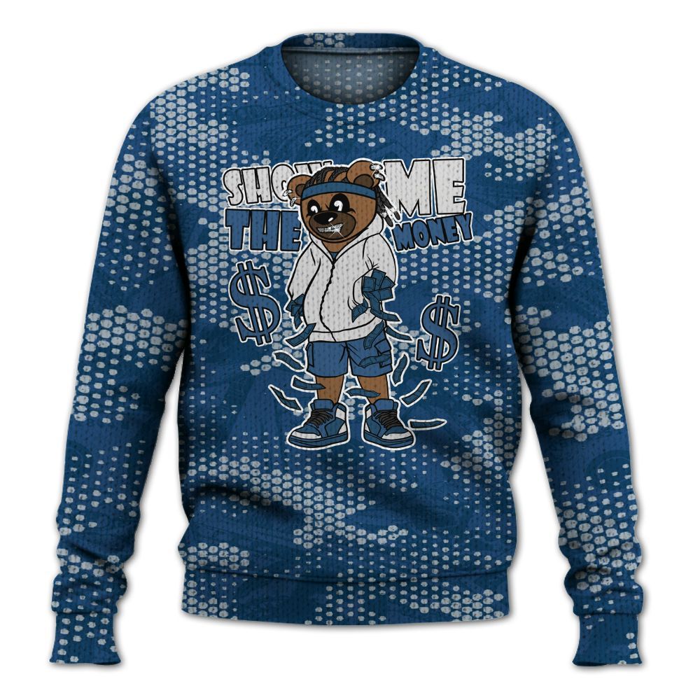 Knitted Sweater To Match High OG Midnight Navy 1s - Show Me Bear Banknotes Art