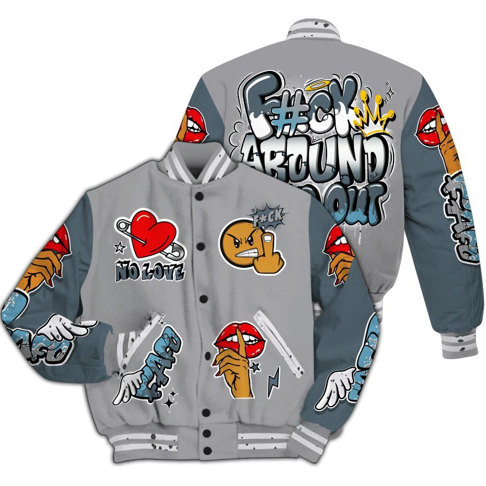 Varsity Jacket To Match Retro Light Graphite Wolf Grey 5s - FK Around Find Out All Over Print