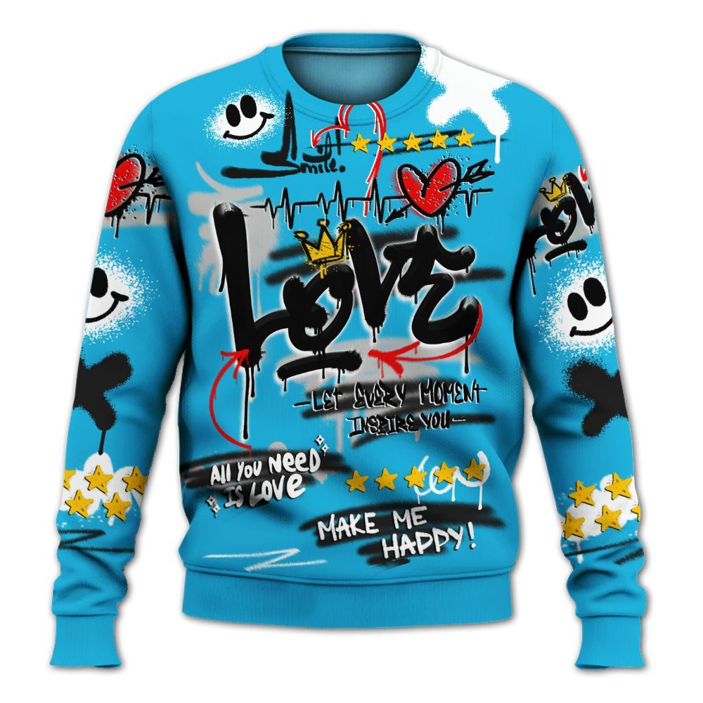 Sweatshirt To Match Black University Blue 2026 14s - Happy Love Beats Graffiti Streetwear All Over Print