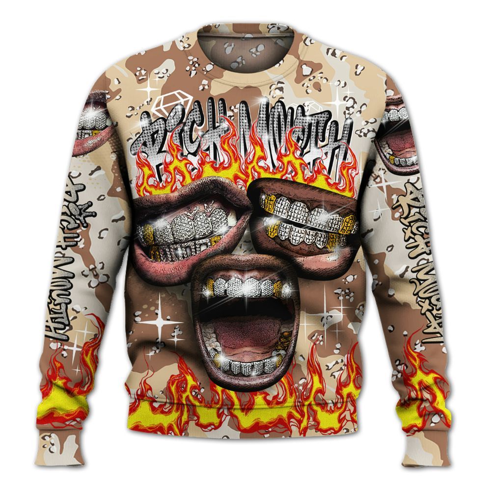 Sweatshirt To Match Desert Camo 3s - Rich Mouth Fire Rap Retro 90s All Over Print